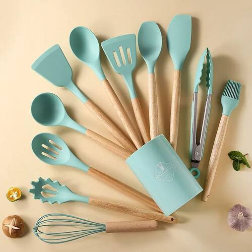 12Pcs/Set Wooden Handle Silicone Kitchen Utensils With Stora