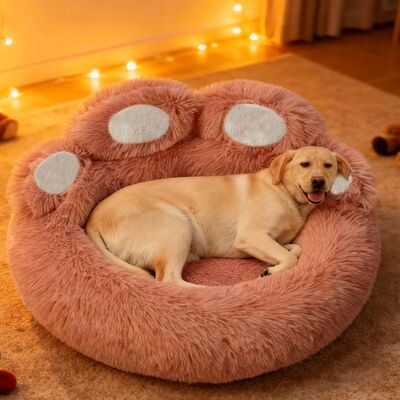 Large Dog Winter Bed Paw Shape Calming Pet Bed, Plush warm D