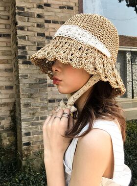 Women's Summer Crochet Straw Bucket Hat - Hollow Out Lace-Up