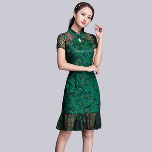 2025夏季新款女中国风复古修身显瘦短袖蕾丝鱼尾改良旗袍式连衣裙