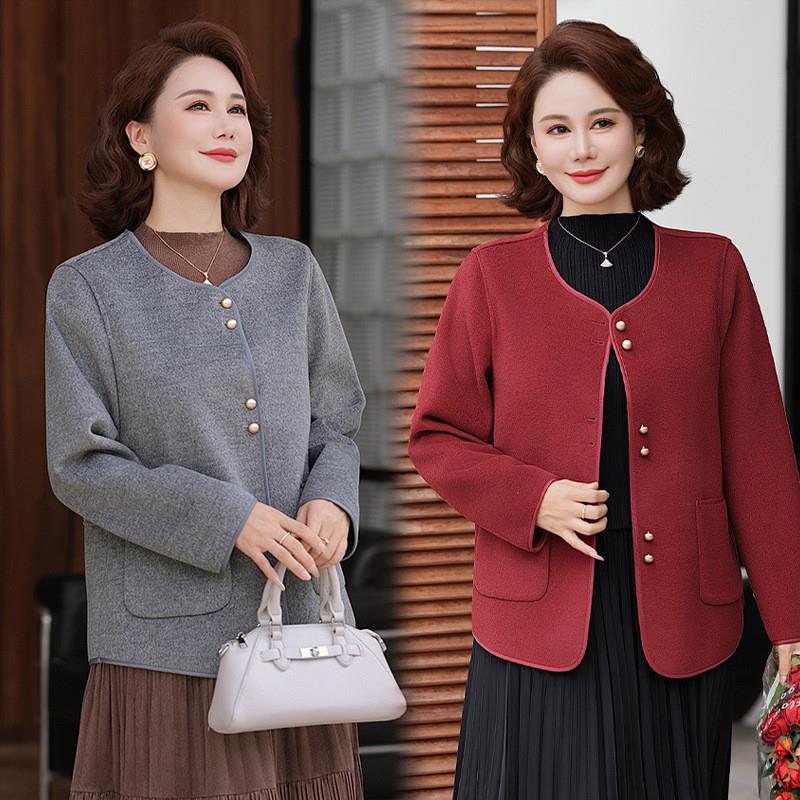 妈妈秋装双面呢外套短款50岁中老年女装2025新款春秋洋气毛呢