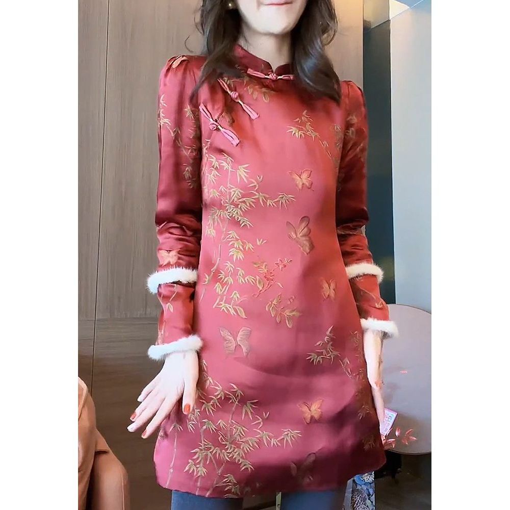 新中式名媛优雅印花连衣裙2023秋冬新款洋气高贵长袖遮肚子A字裙