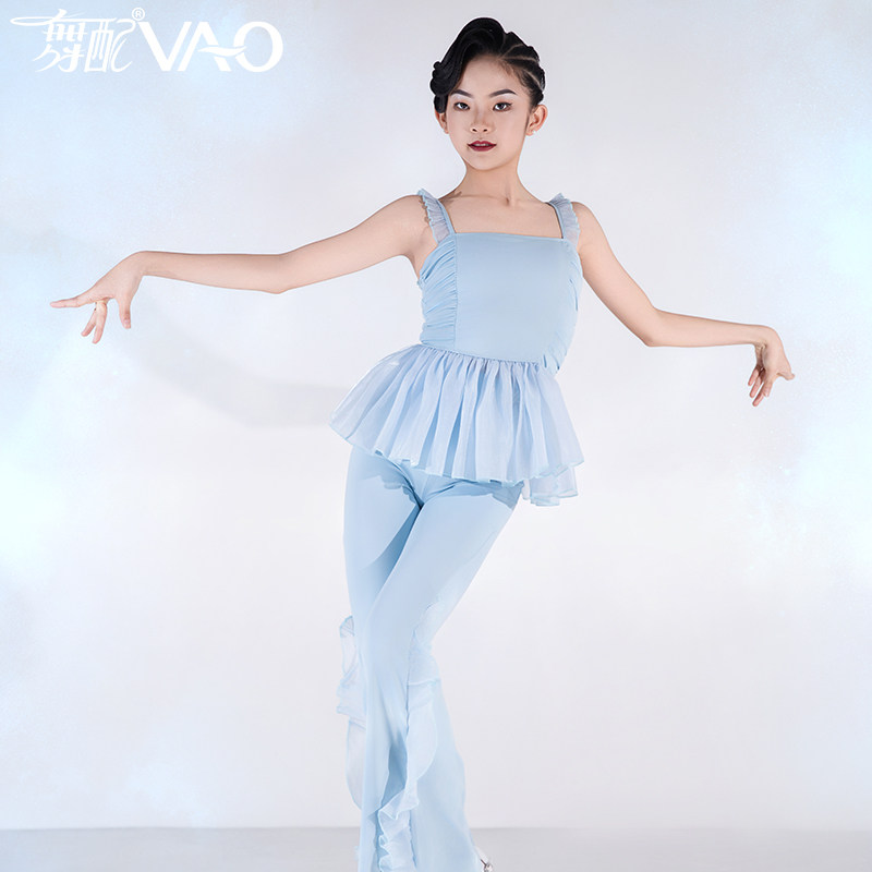 拉丁舞服女童VAO舞配表演服拉丁舞练功服新款蓝色微喇裤套装TJ