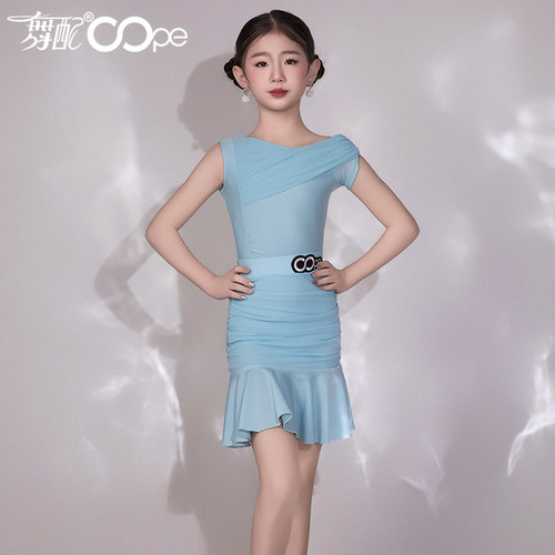 拉丁舞服女童oope舞配拉丁舞练功服女训练服夏季新款蓝色套装TJ