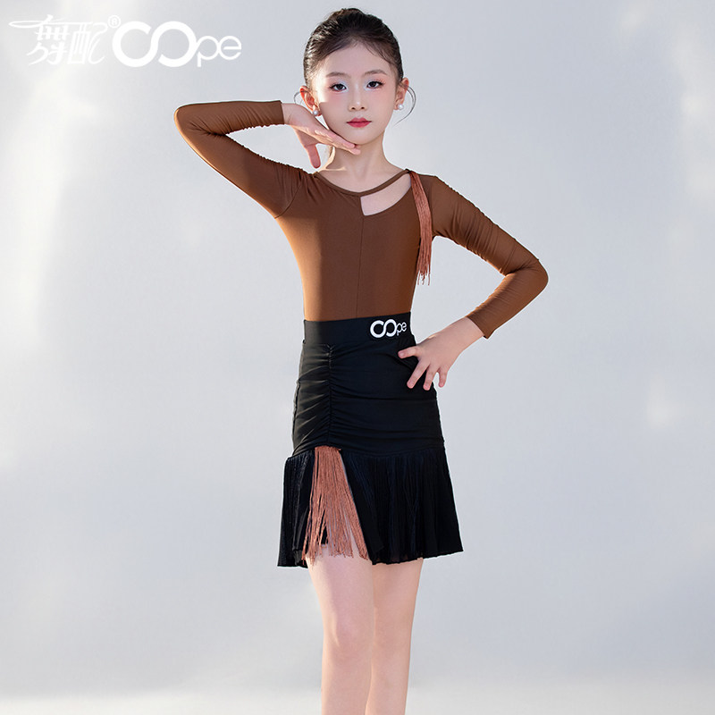 拉丁舞服女童oope舞配拉丁舞练功服女训练服26新款咖黑色流苏裙TJ