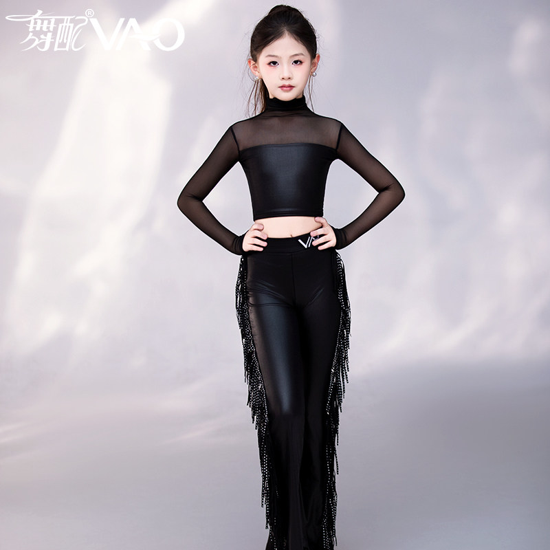 拉丁舞服女童黑色流苏摩登裤子