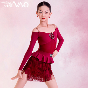 拉丁舞服女童VAO舞配舞服2025新款红色一字肩流苏裙拉丁舞练功服