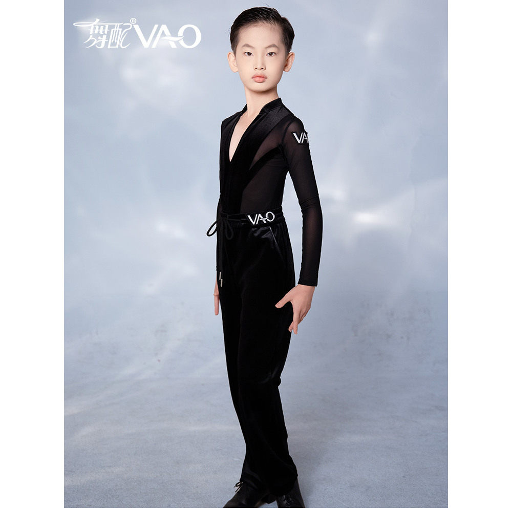 拉丁舞服男童黑色深V套装