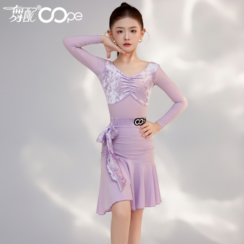 拉丁舞服女童oope舞配拉丁舞练功服女表演服2025新款紫色秋冬套装