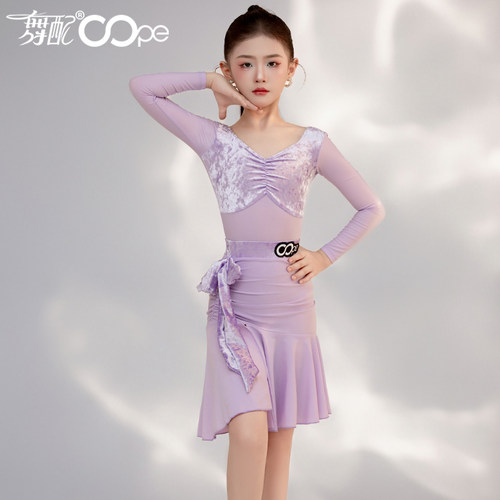 拉丁舞服女童oope舞配舞服拉丁舞练功服女表演服新款紫色套装TJ