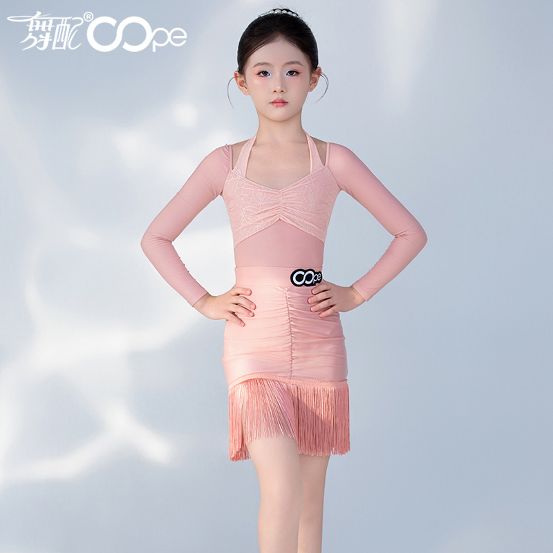 女童粉色流苏印花裙拉丁舞服