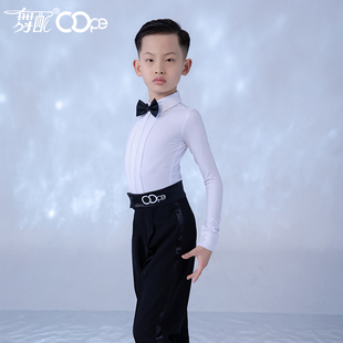 拉丁舞服男童oope舞配拉丁舞专业比赛服套装规定服黑白色翻领赛服