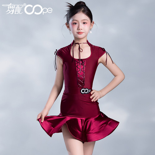 拉丁舞服女童oope舞配舞服拉丁舞练功服女红色鱼骨表演服舞蹈服TJ