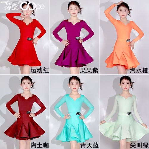 拉丁舞专业比赛服女童oope舞配6色带鱼骨长袖规定服新款赛服TJ