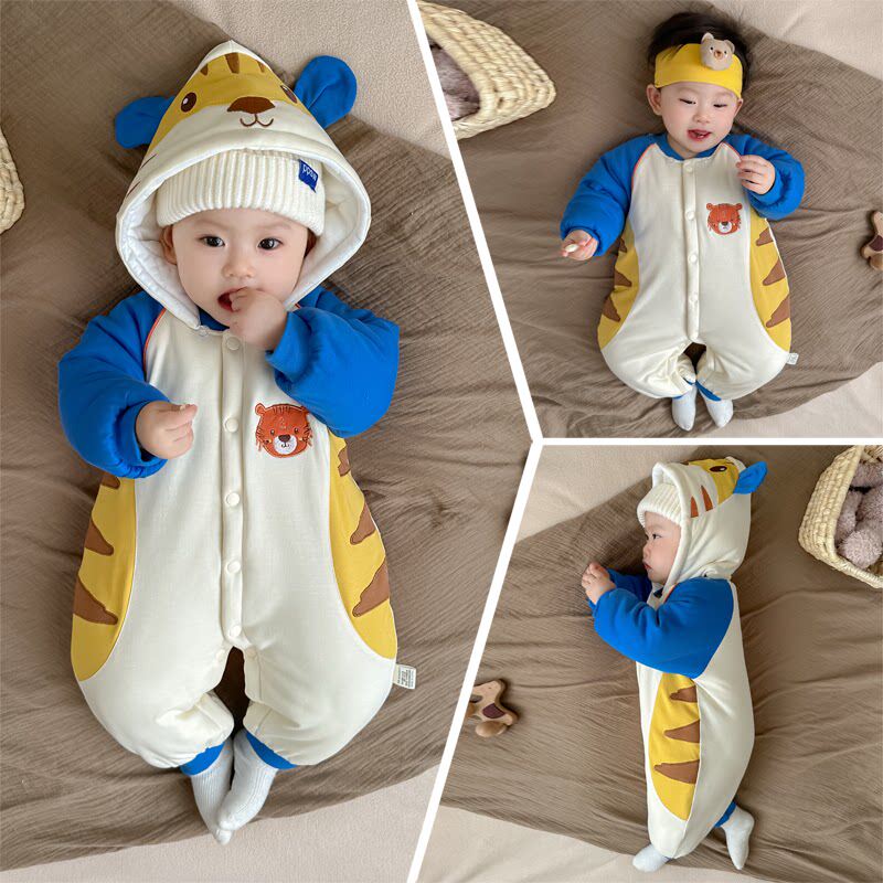 全棉纯棉婴儿棉服秋冬季夹棉加厚保暖宝宝长袖连体衣纯棉卡通老虎
