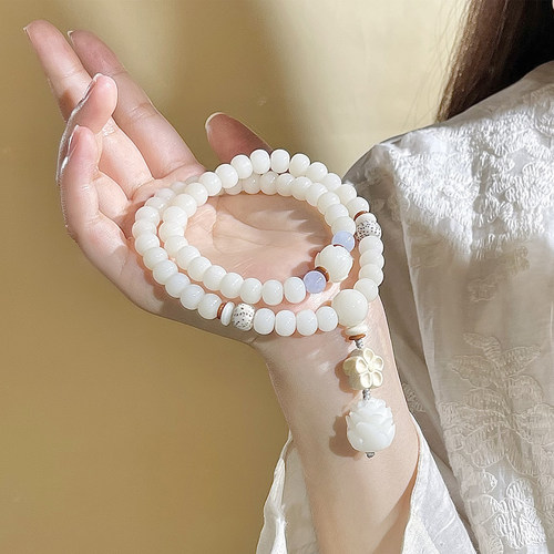 国风天然白玉菩提根双圈莲花手串