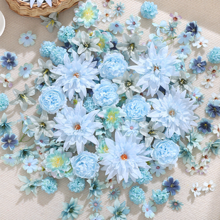 蓝色系仿真花混搭花朵材料包绢花假花diy手工团扇痛包谷美配件