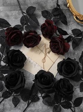 仿真暗黑红玫瑰花黑色假花绢花万圣节哥特系列装饰花束拍摄道具