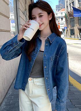 MONLOUVE蓝色牛仔衬衫女2025年春秋季新款覆古港风小个子长袖衬衣