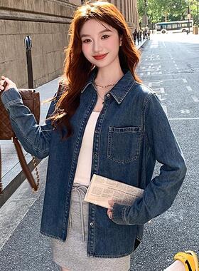 MONLOUVE蓝色牛仔衬衫女春秋覆古港风叠穿上衣2025年新款宽松长袖