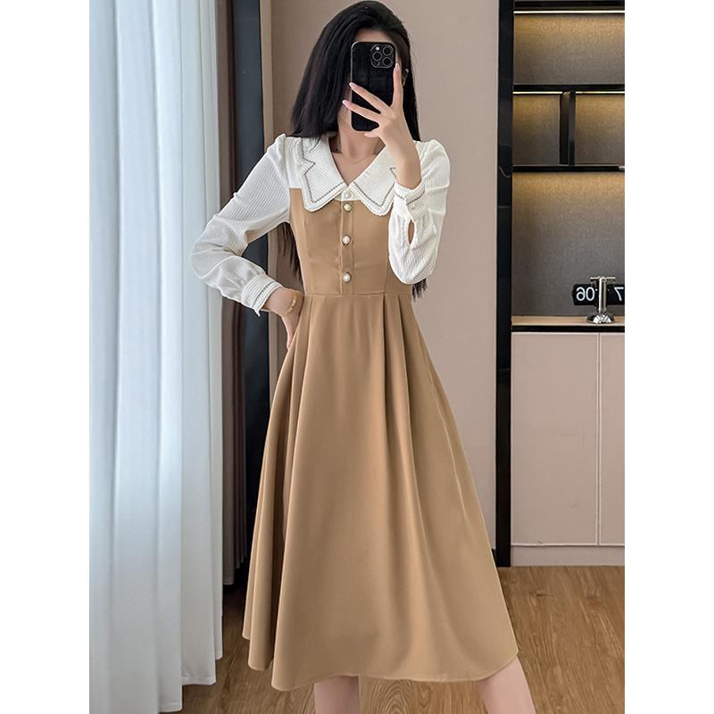 MONLOUVE法式假两件娃娃领连衣裙女2025秋季新款气质收腰显瘦A字