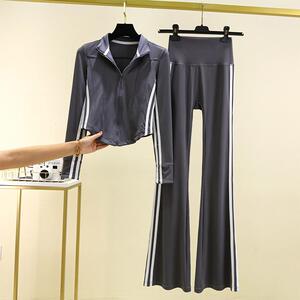秋冬款瑜伽服套装女休闲百搭户外跑步健身衣运动条纹套色两件套装