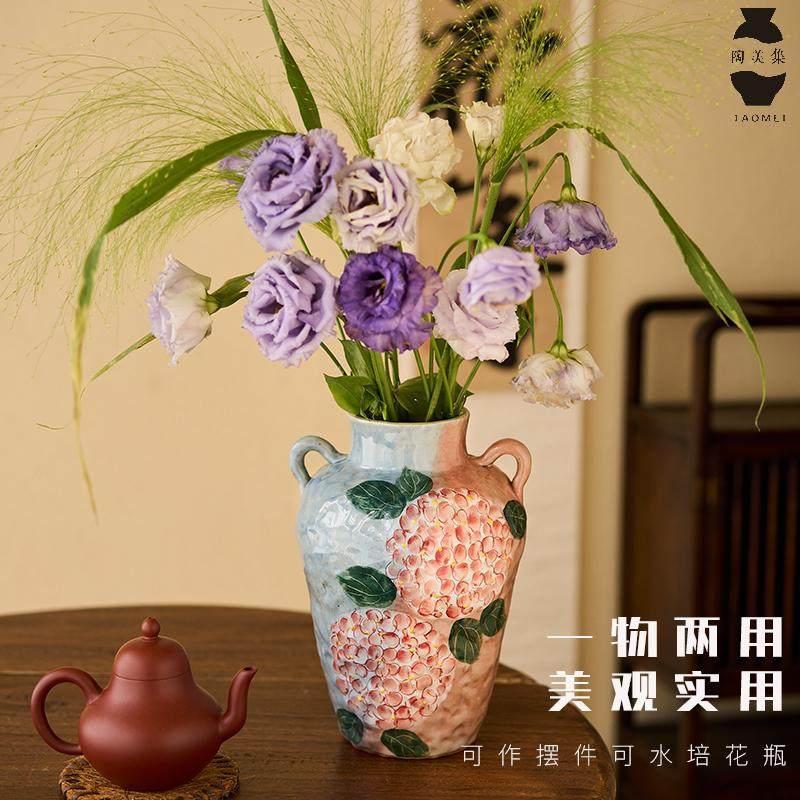 陶美集景德镇手绘花瓶窑变釉下彩双耳水培花器客厅电视柜装饰摆件,家居饰品,花瓶,淘宝优惠券,粉丝福利购,淘宝优惠卷