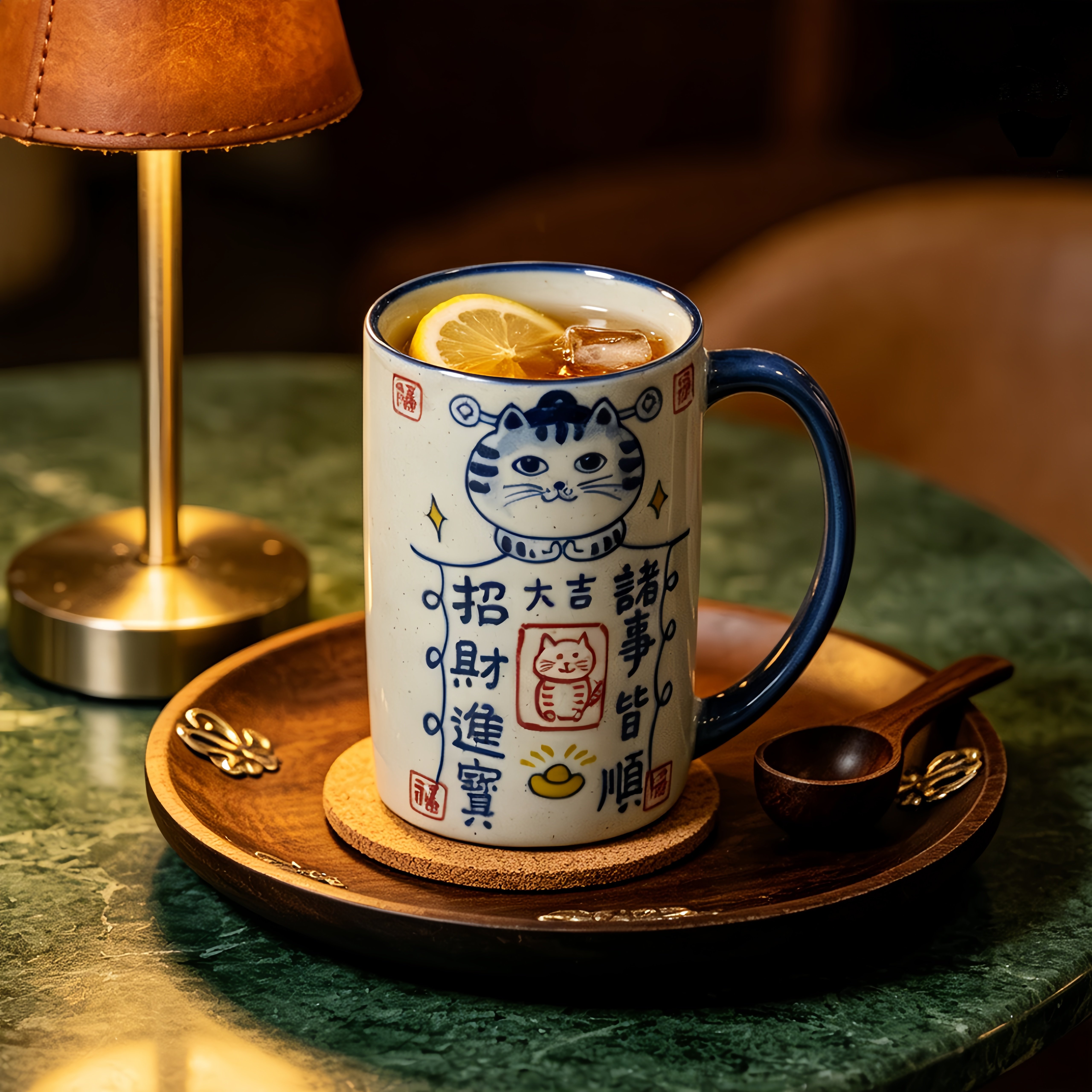【招财进宝】青花手绘釉下彩马克杯水杯大容量陶瓷杯子送礼礼盒装