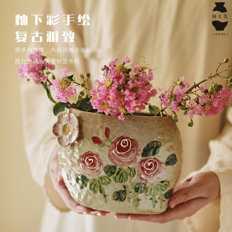 山谷原创纯手绘玫瑰花陶瓷花瓶中式客厅玄关电视柜插花摆件花器小,家居饰品,花瓶,淘宝优惠券,粉丝福利购,淘宝优惠卷