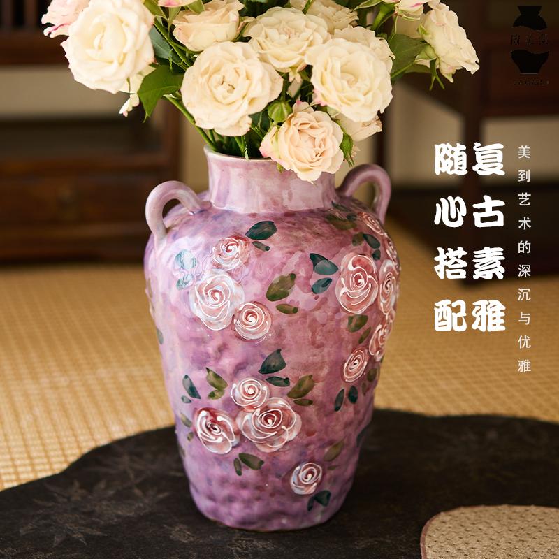 手绘玫瑰花瓶摆件客厅装饰品