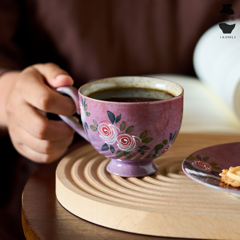 手绘紫色玫瑰咖啡杯带碟水杯牛奶杯景德镇釉下彩拉花粗陶复古杯子