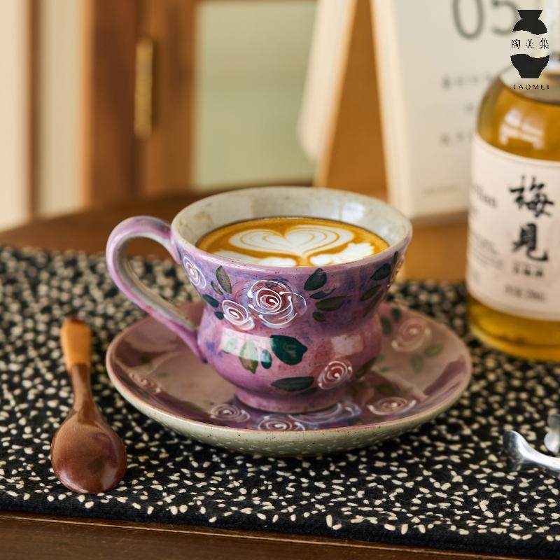 釉下彩咖啡杯带碟美式拿铁景德镇陶瓷手绘玫瑰马克杯复古水杯杯子