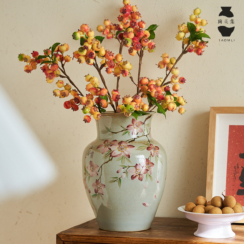 山谷 手绘桃花陶瓷花瓶客厅玄关餐桌装饰摆件景德镇中式插花花器,家居饰品,花瓶,淘宝优惠券,粉丝福利购,淘宝优惠卷