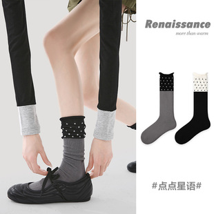 Renaissance袜子女春夏新款 透气百搭中筒袜 松口堆堆袜小圆点薄款