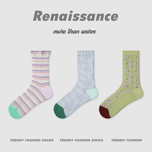 文艺复兴春夏季 中筒袜 网眼袜子女简约堆堆袜条纹少女夏天透气薄款