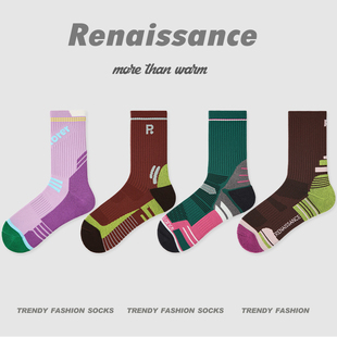 Renaissance专业毛巾底运动袜减震跑步跳绳袜吸汗透气拼色袜子女