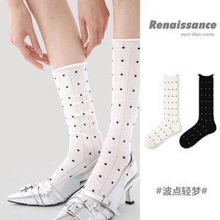 Renaissance原创女袜春夏新款 透气袜子女 黑白波点小腿袜显瘦薄款