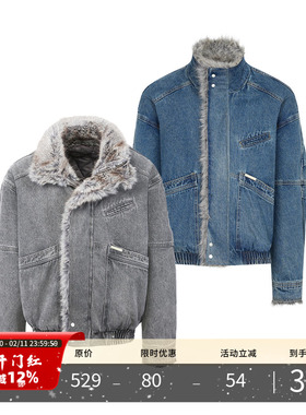 PMET「丹宁雕冕」座山雕毛领牛仔外套 重磅水洗加厚保暖工装外套