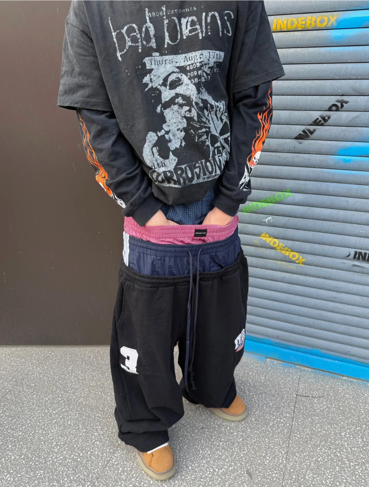 格子三腰头休闲baggy宽松卫裤图片