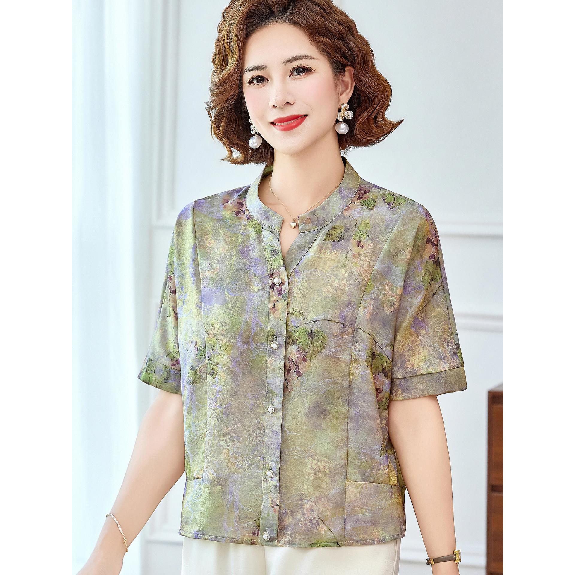 香云纱真丝新款上衣妈妈夏装套装中老年人大码女装桑蚕丝短袖衬衫
