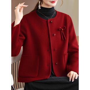 2025秋冬新款妈妈装双面短款羊绒大衣中老年女圆领毛呢短上衣外套