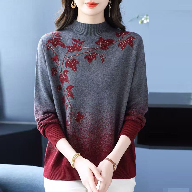 秋冬新款半高领羊毛衫妈妈装宽松大码毛衣女中老年印花针织打底衫