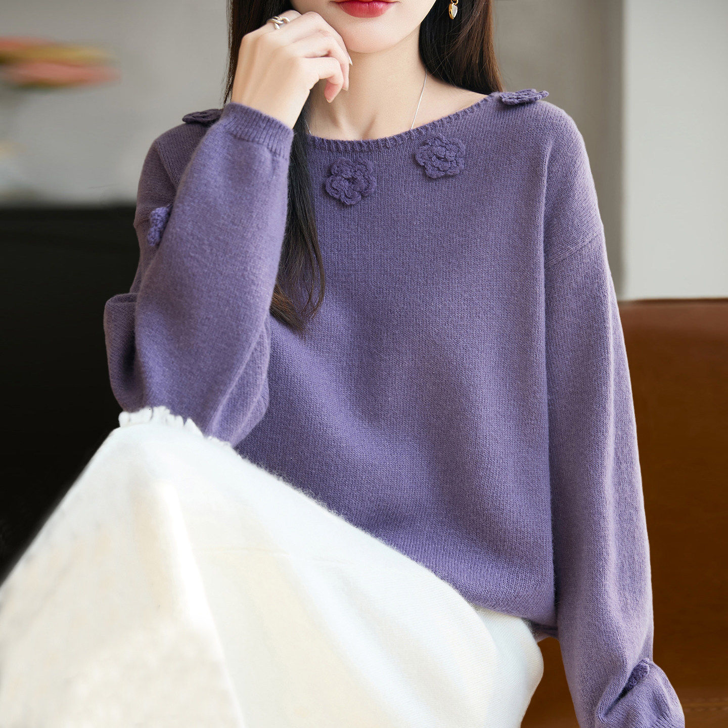 时尚减龄立体花朵针织打底衫女2026新款春秋大码女装上衣秋冬毛衣
