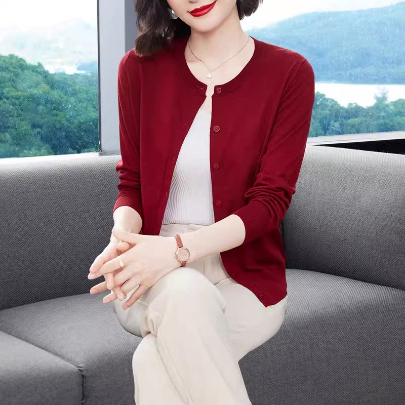 羊毛开衫外套女薄款针织衫时尚洋气中老年妈妈春夏桑蚕丝外搭上衣