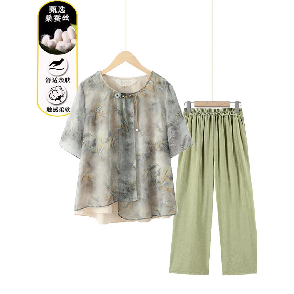 妈妈夏装2025新款套装洋气中老年女装奶奶夏季国风衣服桑蚕丝T恤