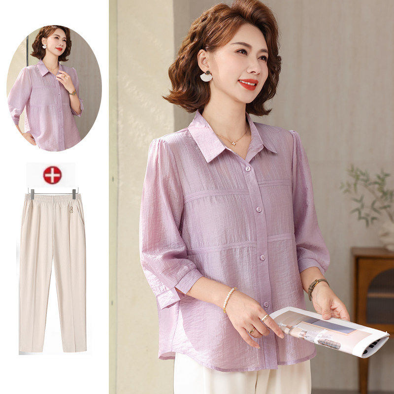 贵夫人洋气质套装妈妈夏装大码棉麻中袖衬衫中年妇女夏装亚麻上衣