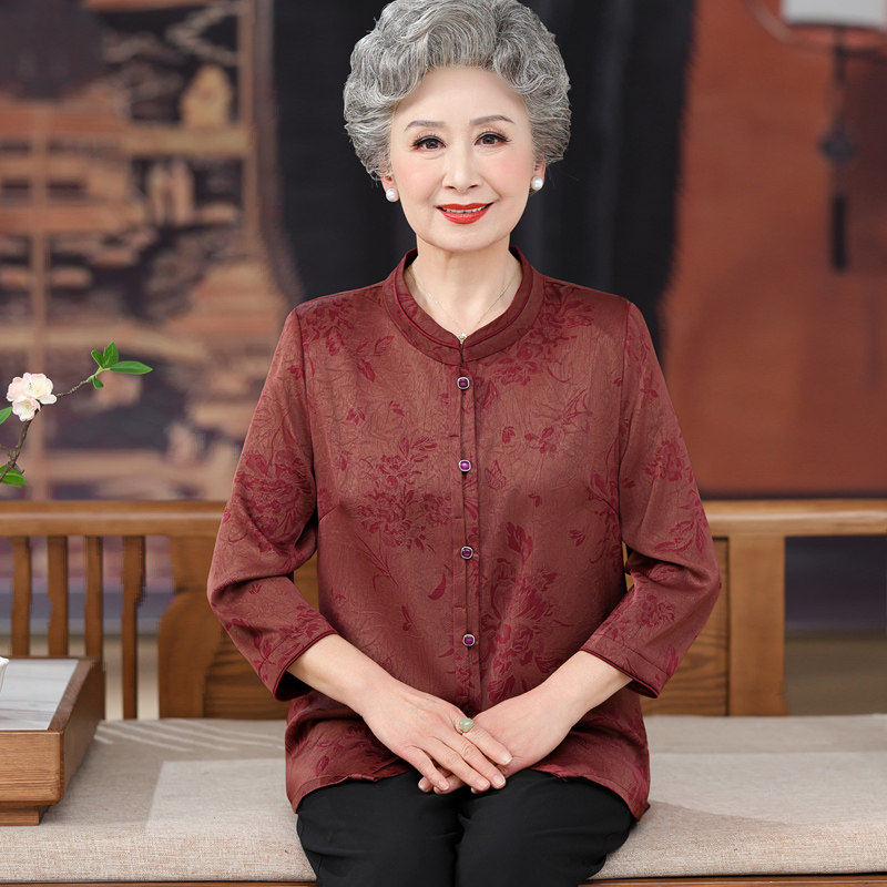 中老年女装立领七分袖衬衫 2025春季高龄女性通勤风弹性上衣
