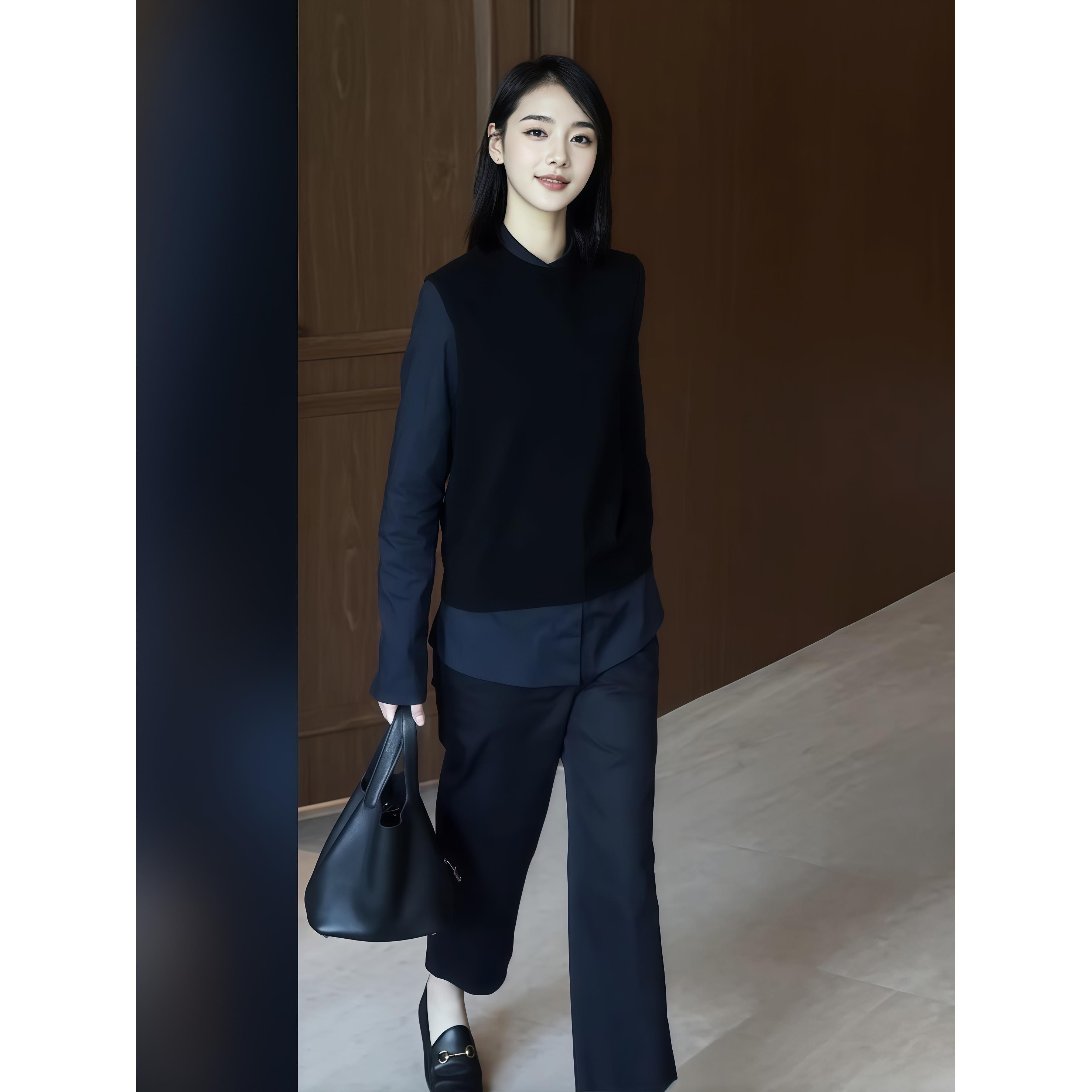 MONLOUVE2025新款通勤风黑色衬衫马甲套装女秋冬简约显瘦减龄长袖