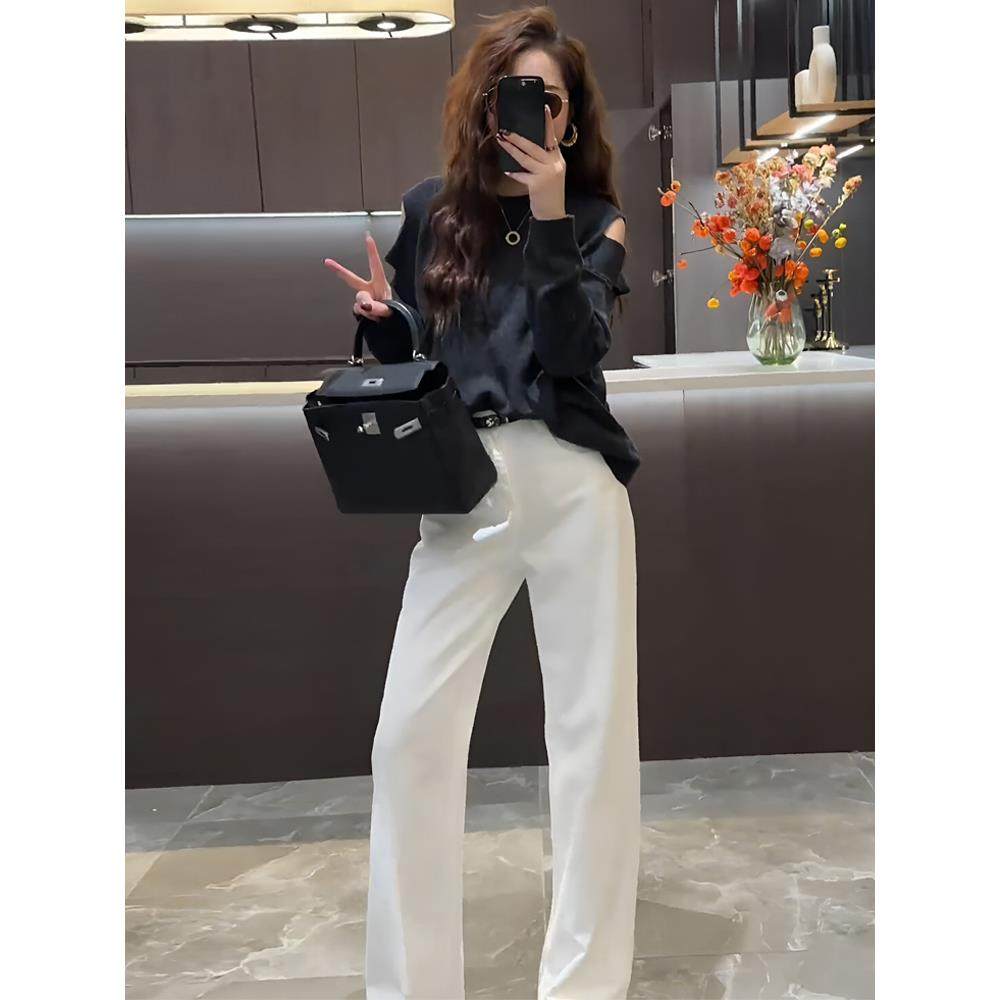 MONLOUVE超火极简风露肩针织阔腿裤两件套装女秋季显高小个子高级