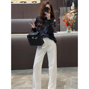 MONLOUVE超火极简风露肩针织阔腿裤两件套装女秋季显高小个子高级